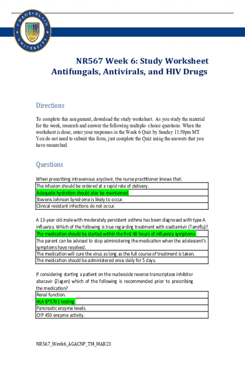 NR 567 Week 6 Study Worksheet; Antifungals, Antivirals, and HIV Drugs.