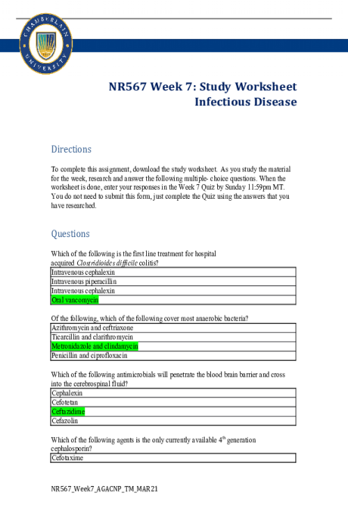 NR 567 Week 7 Study Worksheet; Infectious Disease - All Correct Answers