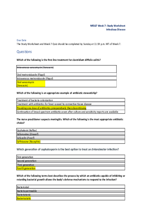 NR 567 Week 7 Study Worksheet; Infectious Disease.