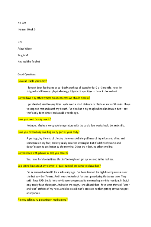 NR 579 Week 3 iHuman Case Asher Wilson; 74 year old male