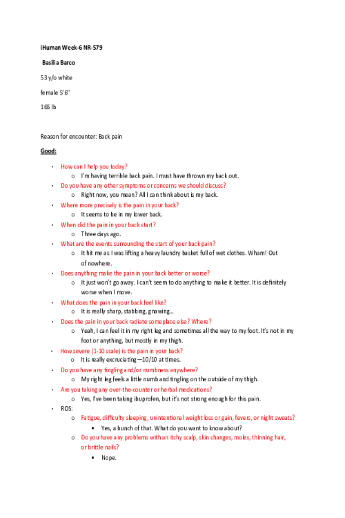 NR 579 Week 6 iHuman Case Basilia Barco; 53 year old white female