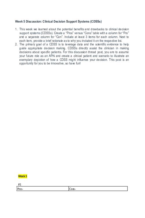 NR 599 Week 5 Discussion; Clinical Decision Support Systems (CDSSs).