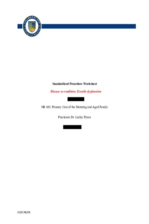 NR 601 Week 5 Assignment; Standardized Procedure Worksheet - Erectile Dysfunction