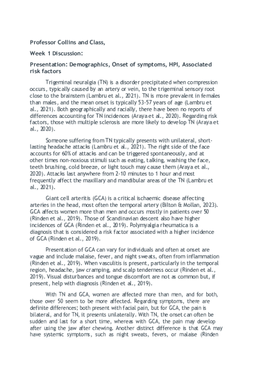 NR 603 Week 1 Compare and Contrast Discussion; Trigeminal Neuralgia and Giant Cell Arteritis