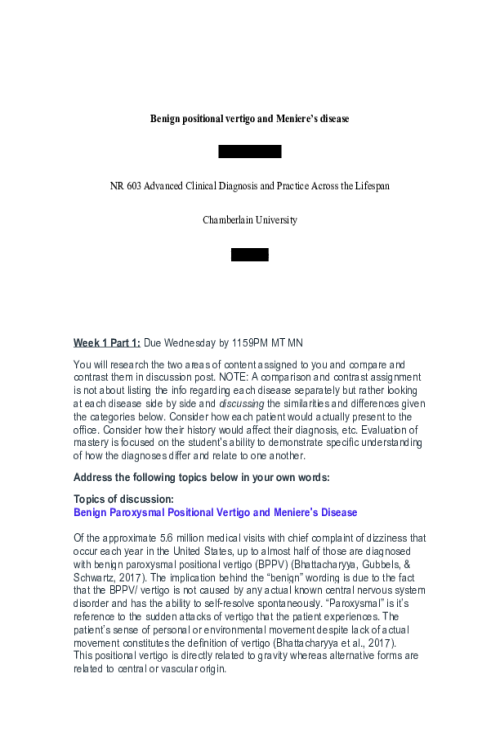 NR 603 Week 1 Comparison and Contrast Discussion; Benign positional vertigo and Meniere s disease