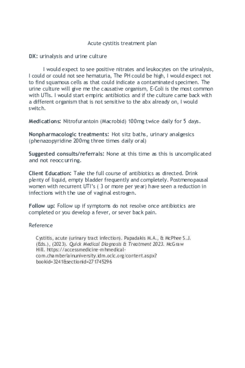 NR 603 Week 6 APEA Case Study Discussion; Part 2 - Acute Cystitis Treatment Plan