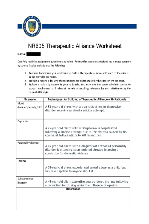 NR 605 Week 3 Assignment; Therapeutic Alliance Worksheet