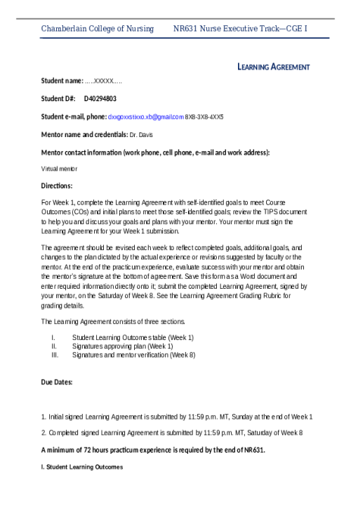 NR 631 Week 1 and 8 Learning Agreement