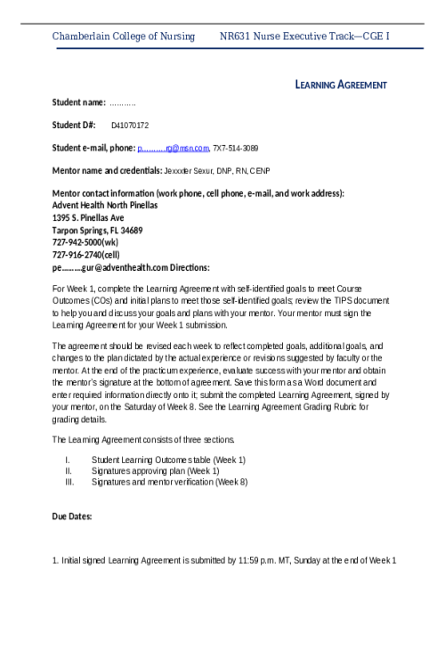 NR 631 Week 1 Assignment; Learning Agreement