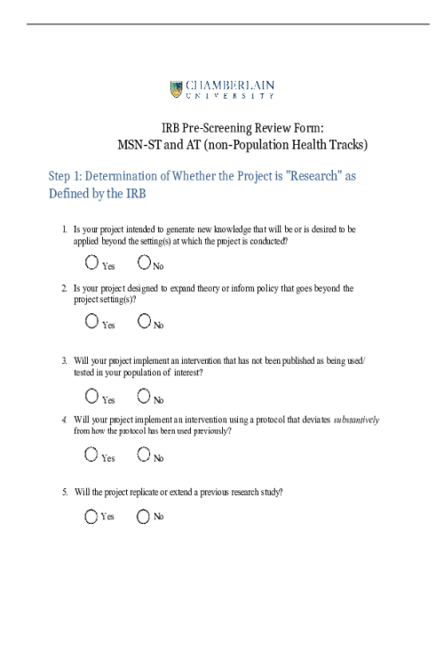 NR 631 Week 1 IRB Pre-Screening Review Form