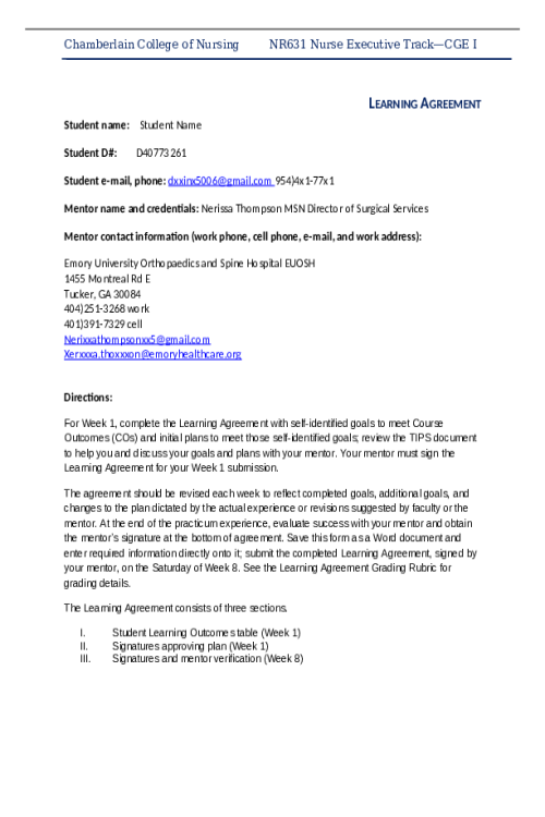 NR 631 Week 1 Learning Agreement; With Self-identified Goals and Plans