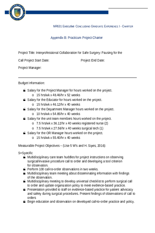 NR 631 Week 2 Project Charter - Project Title Interprofessional Collaboration for Safe Surgery Pausing for the Call Project