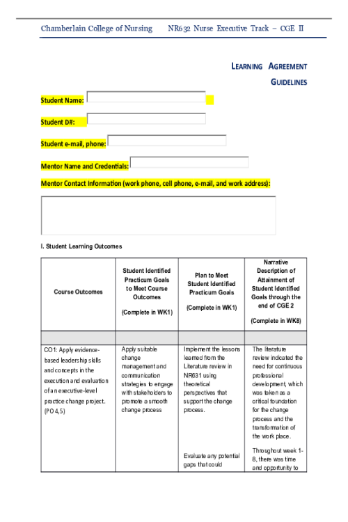 NR 632 Week 8 Final Learning Agreement