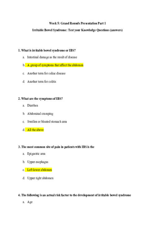 NR 667 Week 5 Grand Rounds Presentation Part 1 - Irritable Bowel Syndrome Test your Knowledge