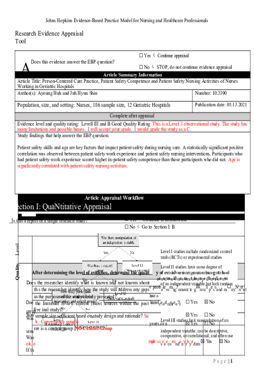 NR 715 Week 3 for Discussion; Johns Hopkins Research Evidence Appraisal Tool; Appendix E