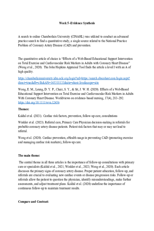 NR 715 Week 5 Assignment; Evidence Synthesis - National Practice Problem of Coronary Artery Disease (CAD) and prevention