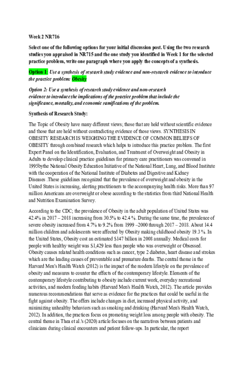 NR 716 Week 2 Discussion; Synthesis - Obesity
