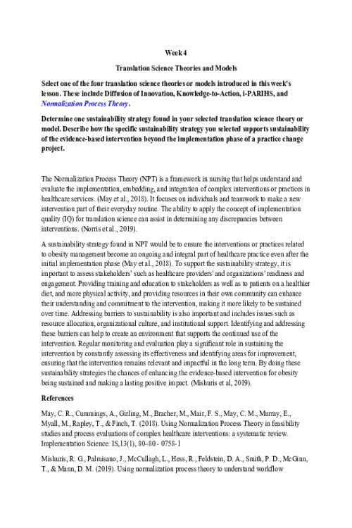 NR 716 Week 4 Discussion; Translation Science Theories and Models - Normalization Process Theory