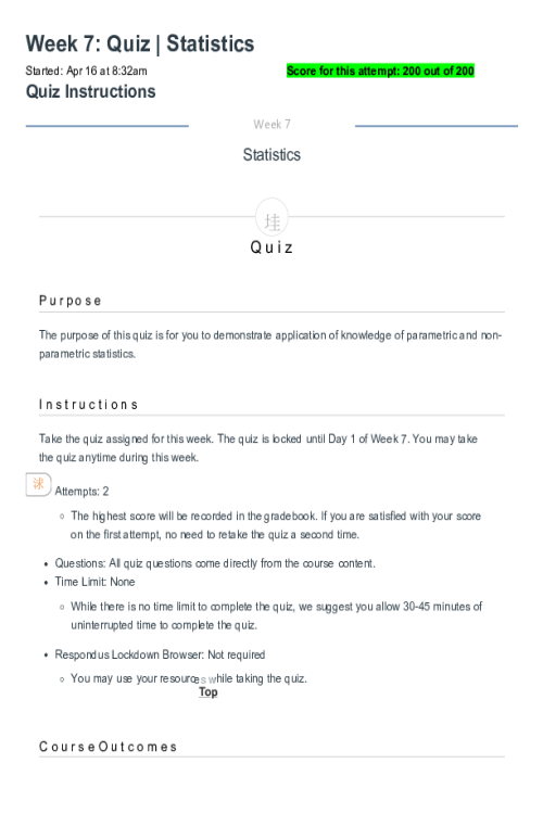 NR 716 Week 7 Quiz - Statistics - Summer Semester