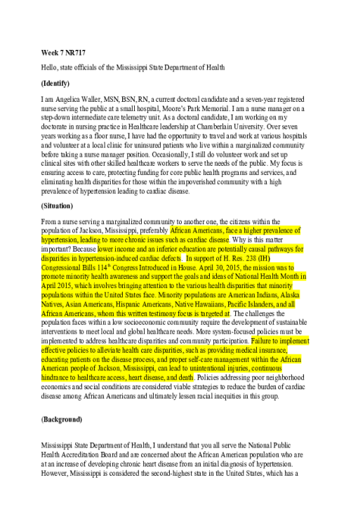 NR 717 Week 7 Discussion; Advocacy to Impact Population Health Through Oral Testimony