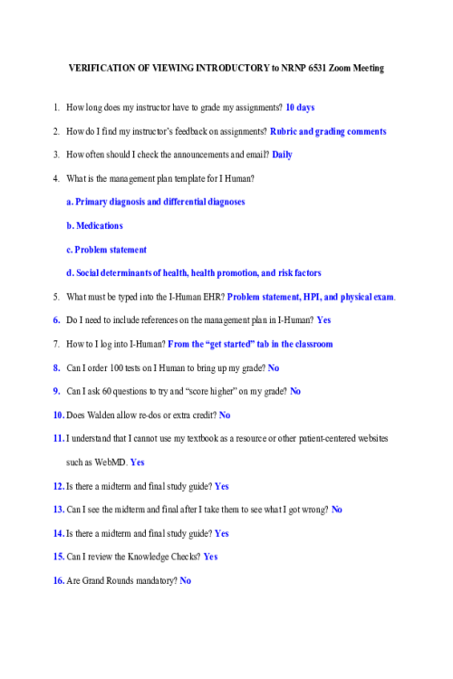 NRNP 6531 Week 1 Fill out verification form and quiz - VERIFICATION OF VIEWING INTRODUCTORY