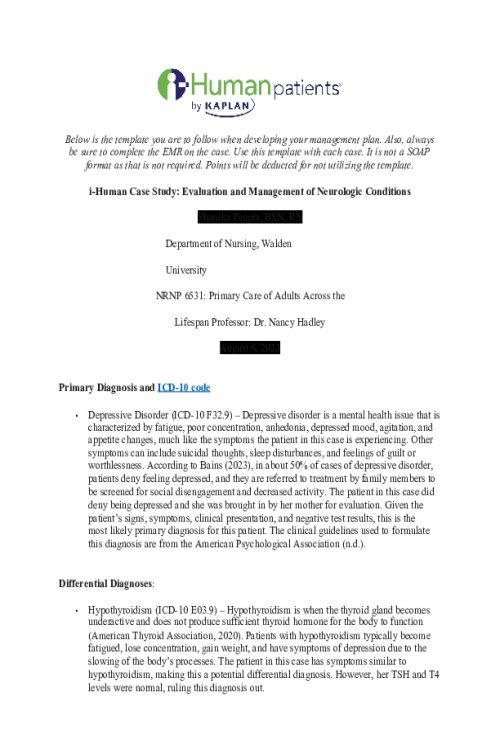 NRNP 6531 Week 10 Assignment; i-Human Case Study Evaluation and Management of Neurologic Conditions.