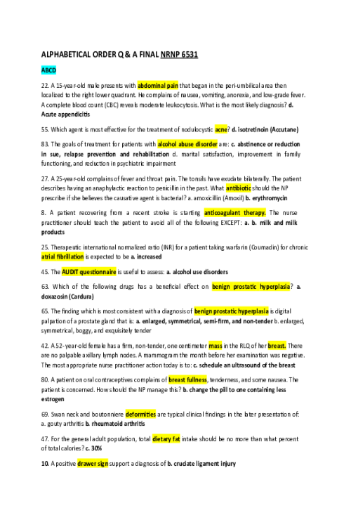 NRNP 6531 Week 11 Final Exam - ALPHABETICAL ORDER