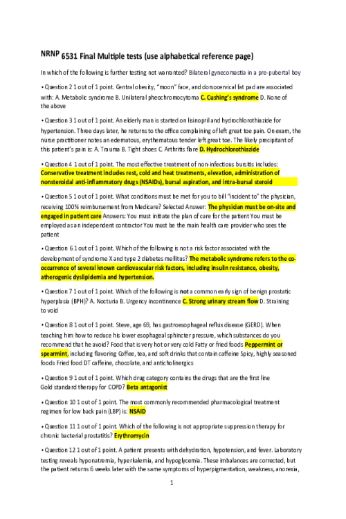 NRNP 6531 Week 11 Final Exam Multiple Tests - Alphabetical Reference