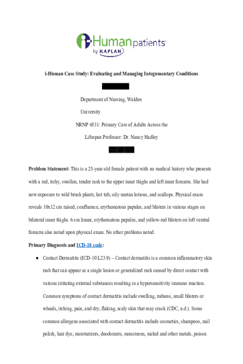 NRNP 6531 Week 2 Assignment; I Human Case Study; Evaluating and Managing Integumentary Conditions..