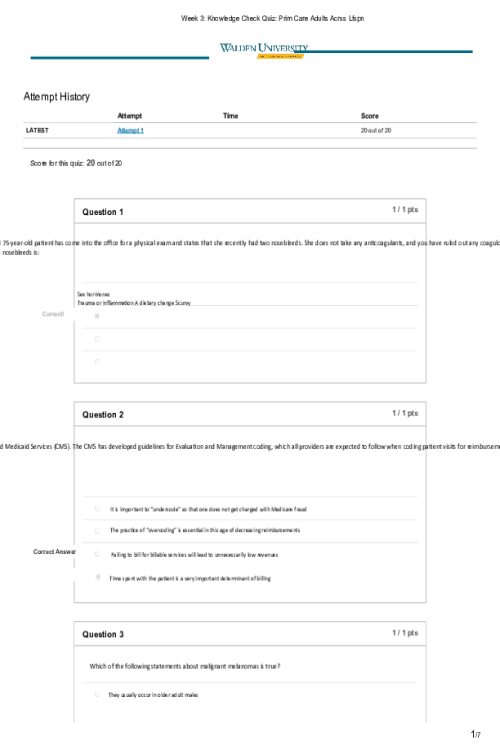 NRNP 6531 Week 3 Knowledge Check Quiz; Score 20 out of 20