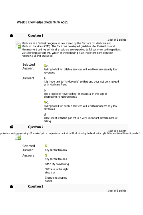 NRNP 6531 Week 3 Knowledge Check Quiz - Spring QTR