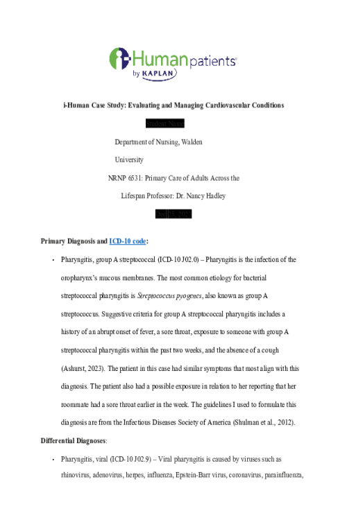 NRNP 6531 Week 4 Assignment; i-Human Case Study; Evaluating and Managing Cardiovascular Conditions..