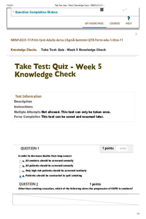 NRNP 6531 Week 5 Knowledge Check Quiz - April QTR