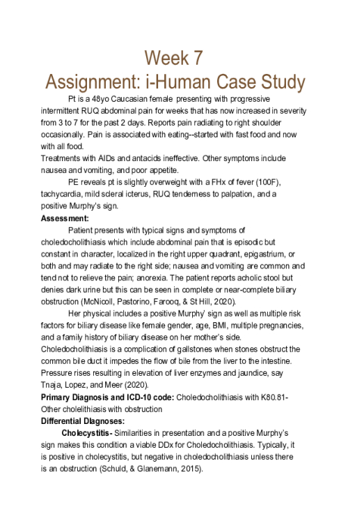 NRNP 6531 Week 7 Assignment; i-Human Case Study; Evaluating and Managing Genitourinary or Gastrointestinal Conditions.