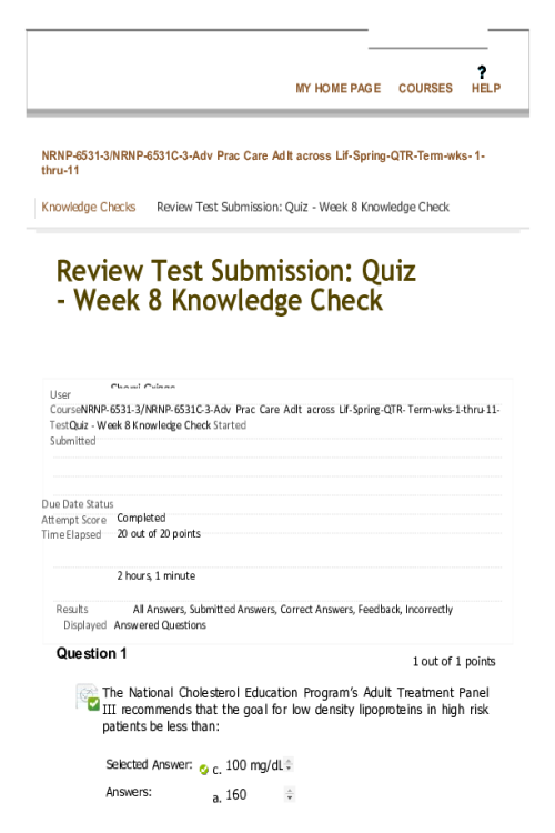 NRNP 6531 Week 8 Knowledge Check; 20 out of 20 Points