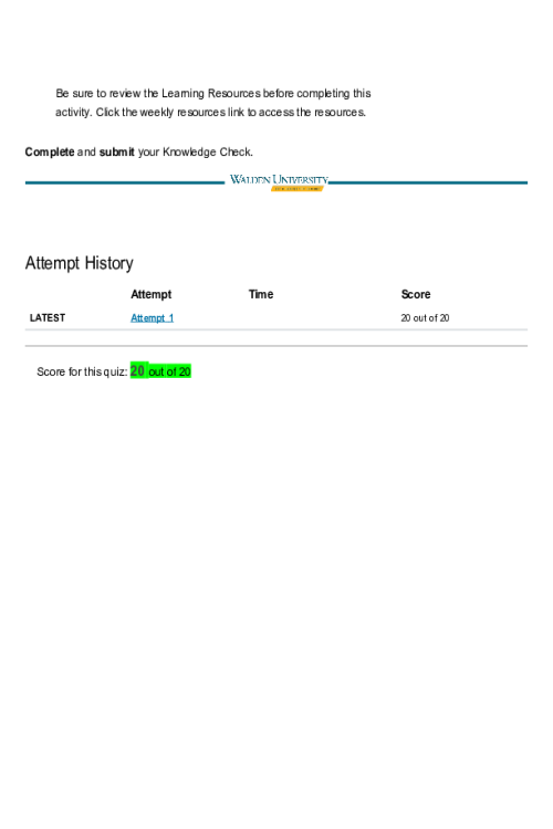 NRNP 6531 Week 8 Knowledge Check Quiz; Score 20 out of 20