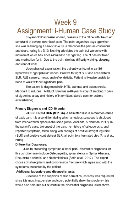 NRNP 6531 Week 9 Assignment; i-Human Case Study Evaluating and Managing Musculoskeletal Conditions.