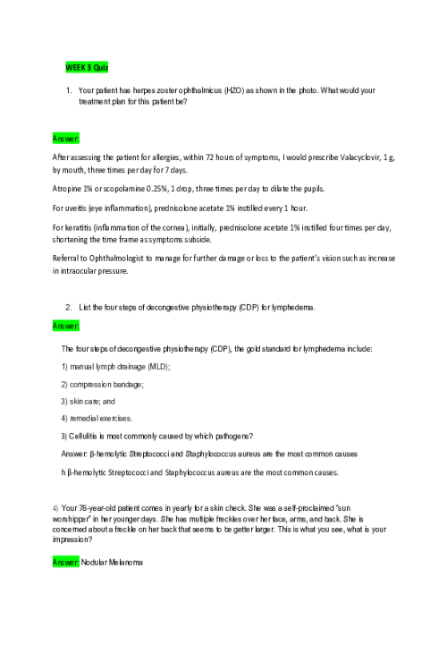NRNP 6540 Week 3 Quiz - Knowledge Check; Skin and Lymphatic Disorders - Extra Questions