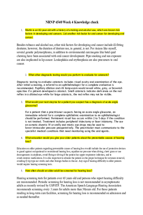 NRNP 6540 Week 4 Knowledge Check; Head, Neck, and Face Disorders