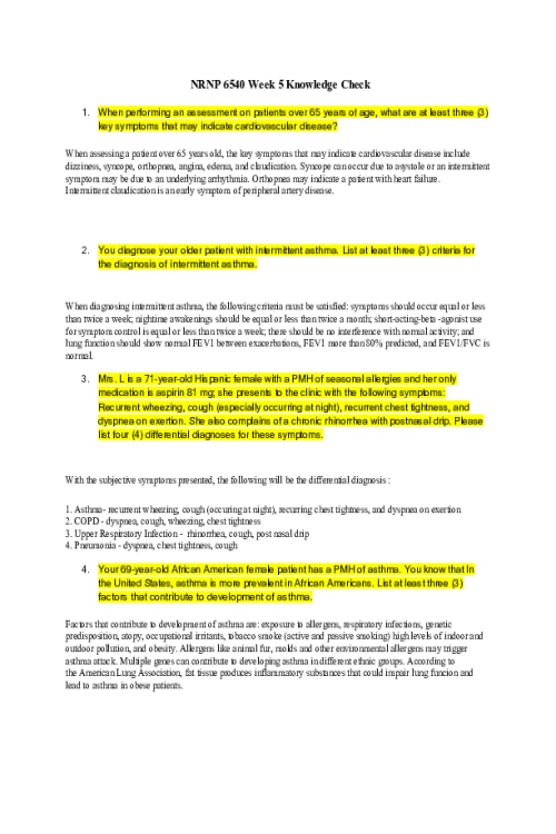 NRNP 6540 Week 5 Knowledge Check; Cardiovascular and Pulmonary Disorders