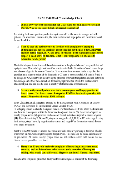 NRNP 6540 Week 7 Knowledge Check; Abdominal, Urological, and Gynecological Disorders