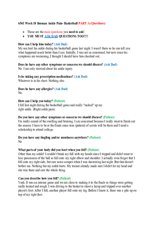 NRNP 6541 Week 10 iHuman Ankle Pain- Basketball  - Part A