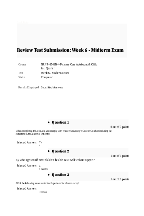 NRNP 6541 Week 6 Mid-term Exam - Fall Qtr