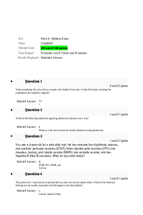 NRNP 6541 Week 6 Midterm Exam All Correct Summer Qtr