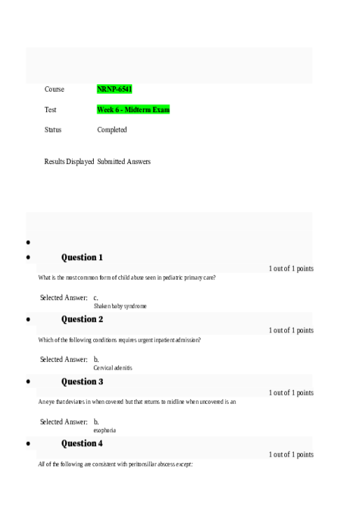 NRNP 6541 Week 6 Midterm Exam - Summer Qtr