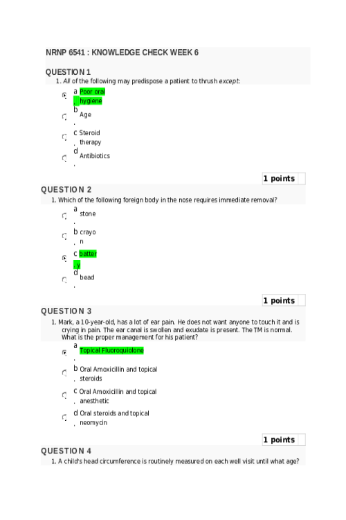 NRNP 6541 Week 6 Quiz-Knowledge Check - All Correct