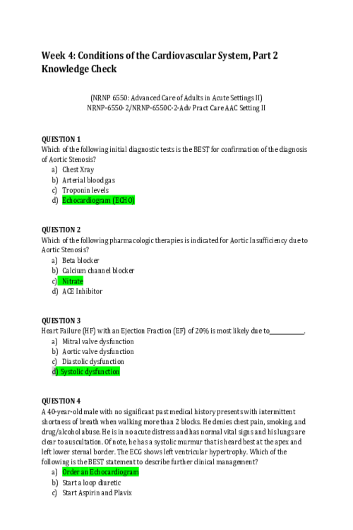 NRNP 6550-2, NRNP 6550C-2, Week 4 Knowledge Check; Conditions of the Cardiovascular System, Part 2 - Grade; 10 out of 10