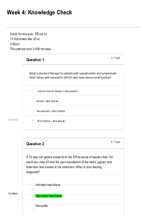 NRNP 6550 Week 4 Knowledge Check; Conditions of the Cardiovascular System Part 2 - Grade 10 out of 10