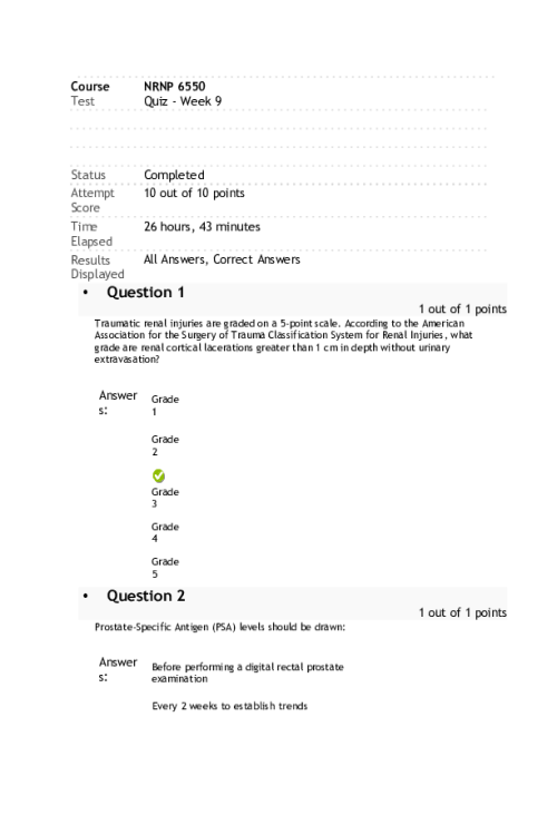 NRNP 6550 Week 9  Knowledge Check - 10 out of 10 points