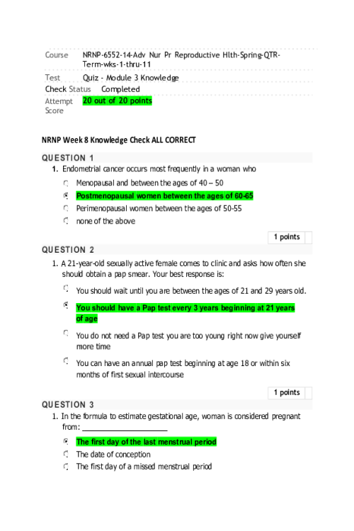 NRNP 6552 Week 8 Knowledge Check - 20 out of 20 Point
